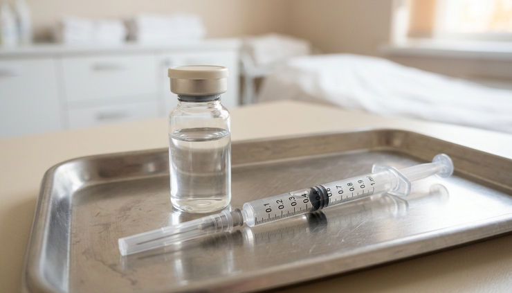 Eye-level view of an unbranded skin booster vial on a clean treatment tray