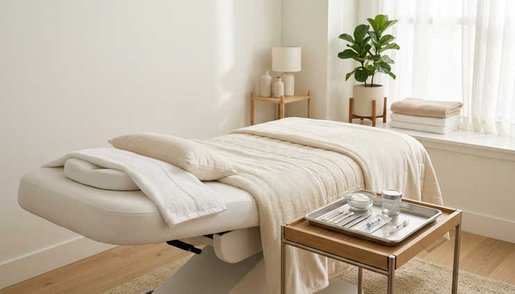 Three-quarter view of a serene treatment room prepared for an eye-area skin booster appointment