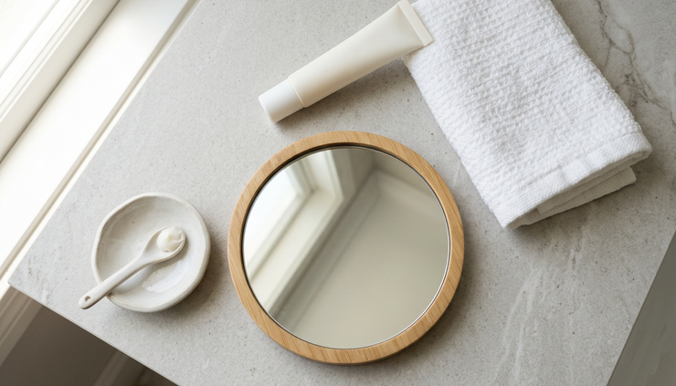 Overhead view of a tidy skincare setup with a mirror and gentle eye cream