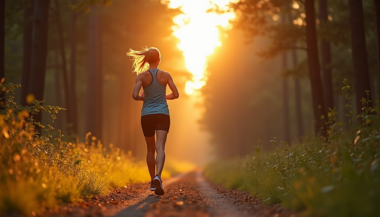 Eye-level view of a woman jogging on a forest trail during sunrise