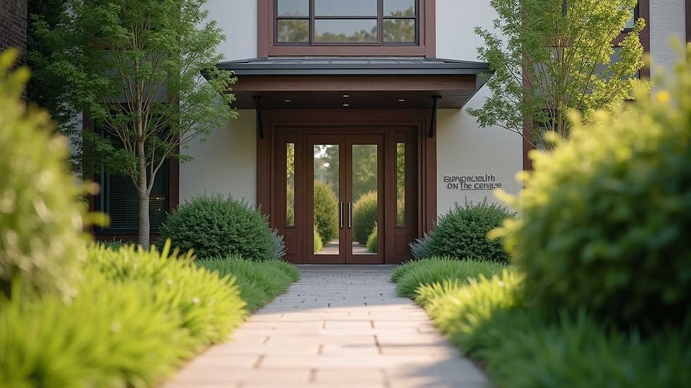 Eye-level view of a welcoming counseling center entrance with greenery