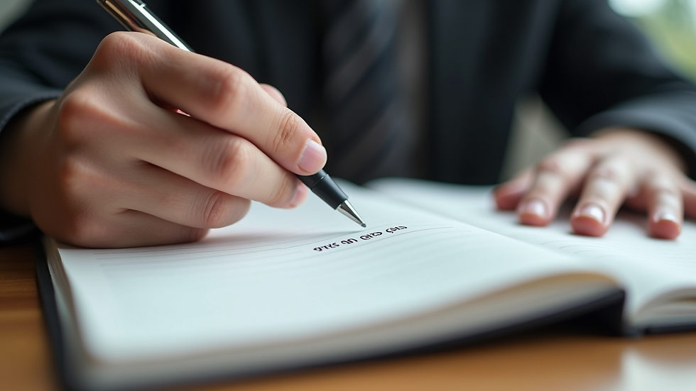 Close-up view of a person writing pros and cons on a notebook