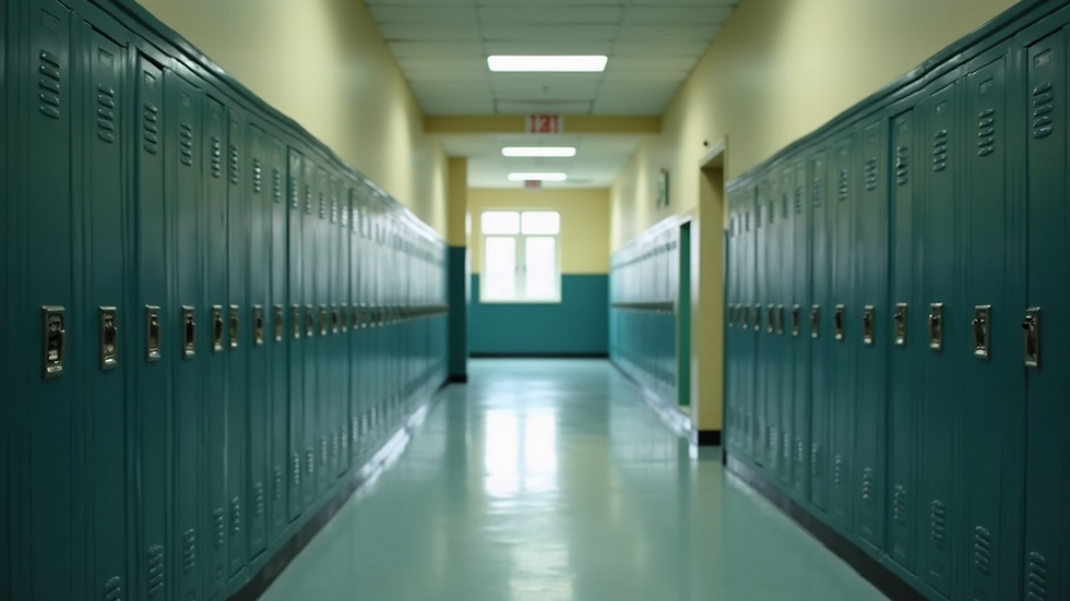 High angle view of a school hallway with empty lockers