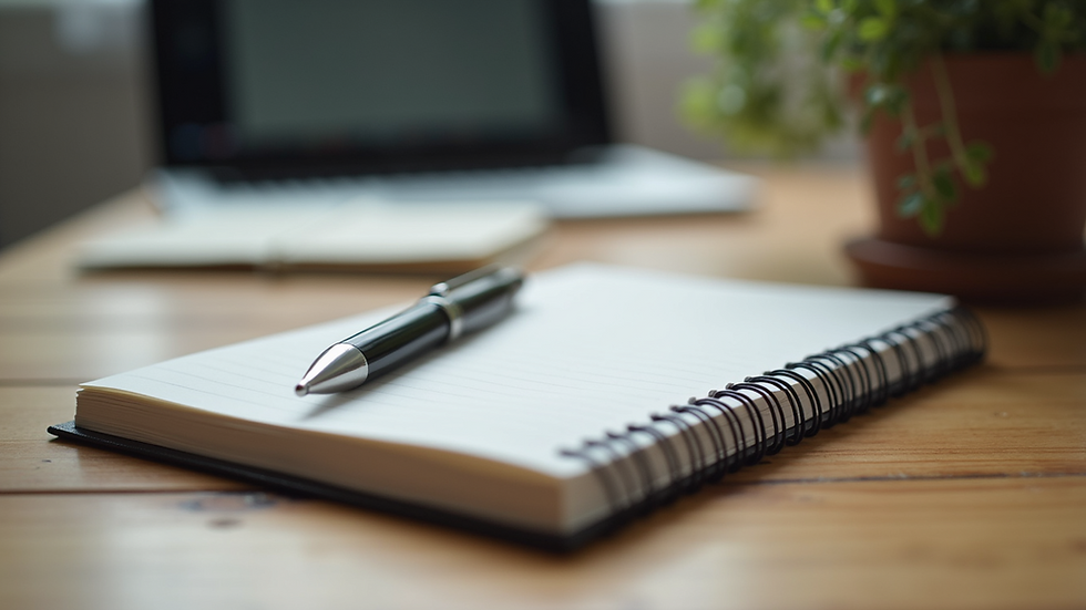 Close-up view of a notebook and pen on a wooden desk ready for notes