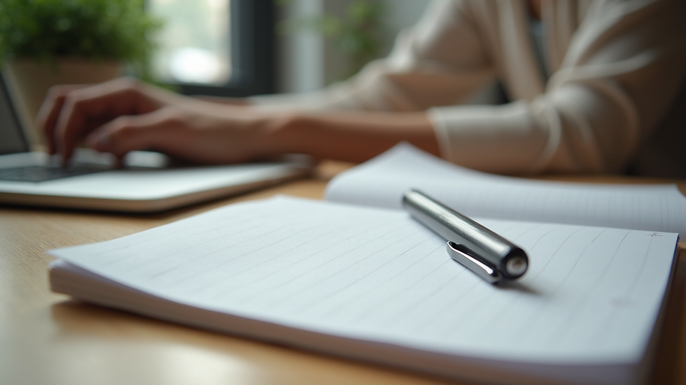 Close-up view of a therapist’s notebook and pen on a wooden table