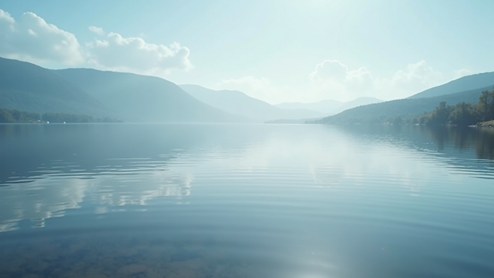Eye-level view of a calm lake reflecting a clear sky