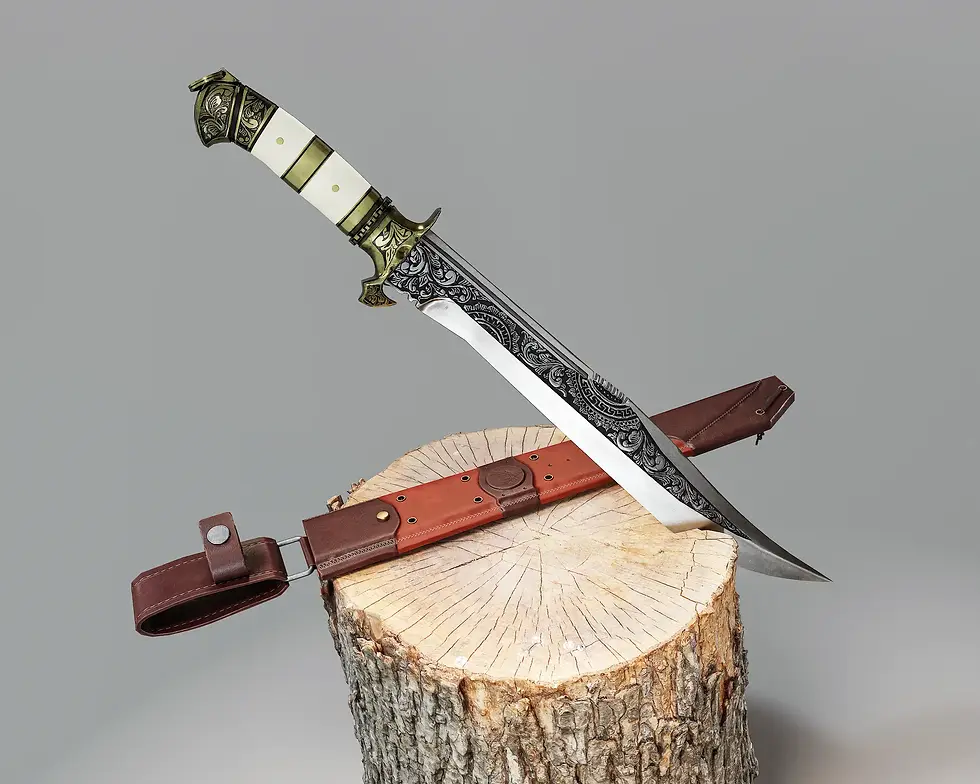 Modelado 3D de daga ornamental sobre tronco de madera, ejemplo de especialización en 3D Props para videojuegos - KLAB.