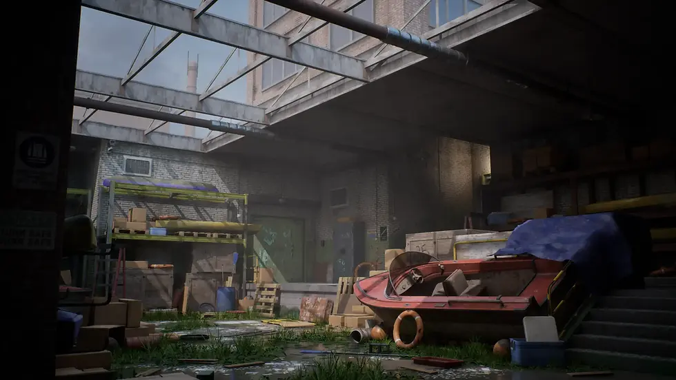 Escenario 3D de entorno industrial abandonado con iluminación realista, ejemplo de producción por equipos en 3D Environments - KLAB.