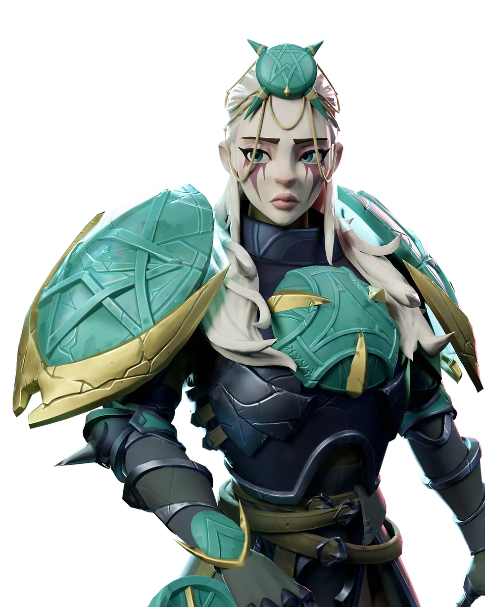 Render de personaje guerrero 3D con armadura estilizada en tonos verdes y dorados, ejemplo de calidad de producción en los cursos de Kreaktivate.