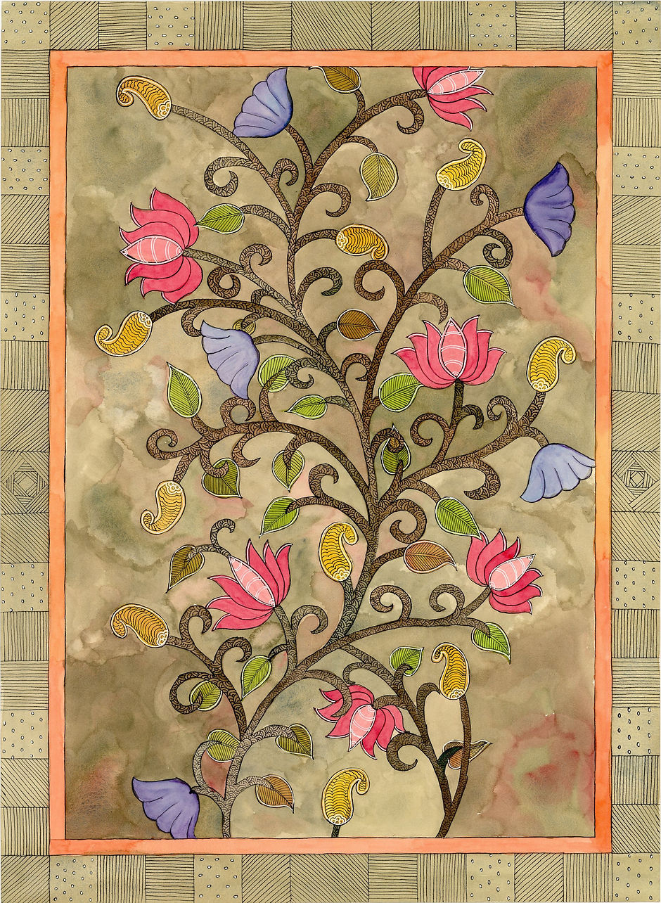 Vintage Madhubani floral folk Artwork V | Watercolor