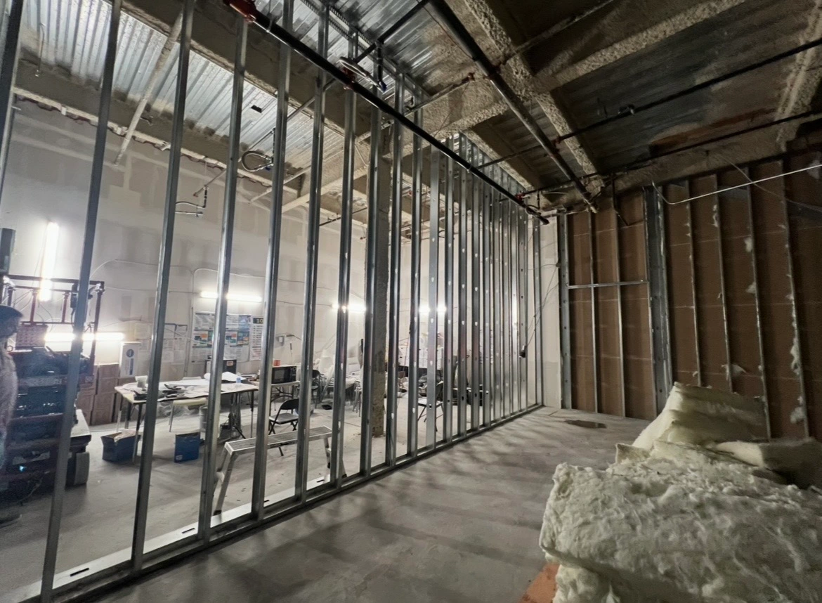 Metal stud framing completed for a commercial tenant improvement project in Sacrament, CA.
