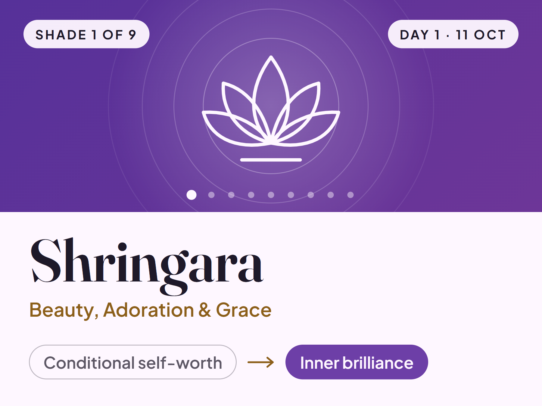 Shringara card with a lotus symbol: from conditional self-worth to inner brilliance, shade 1 of 9