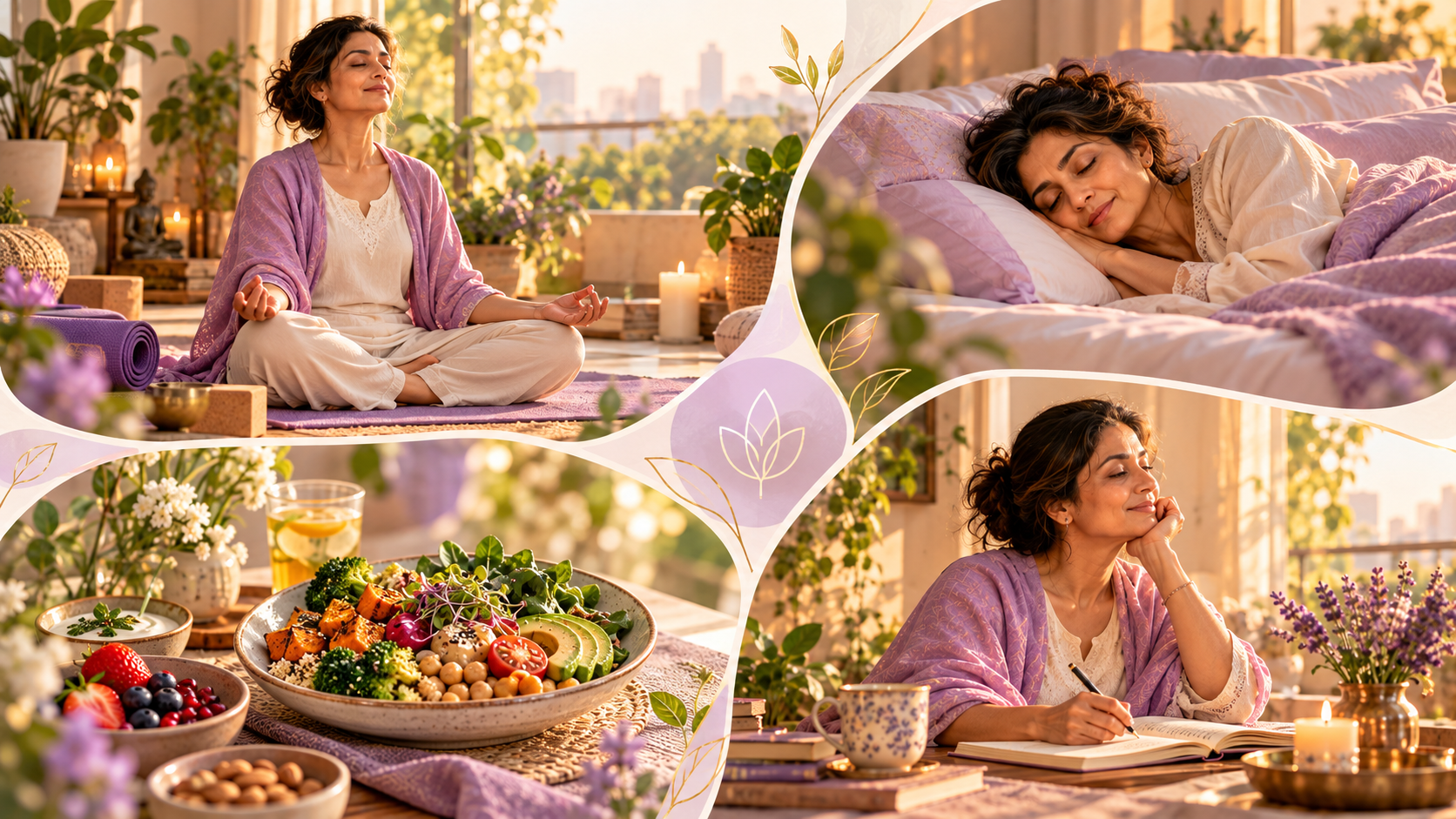Wellness collage showing meditation, restorative sleep, nourishing food and reflective journaling as daily practices for serenity.