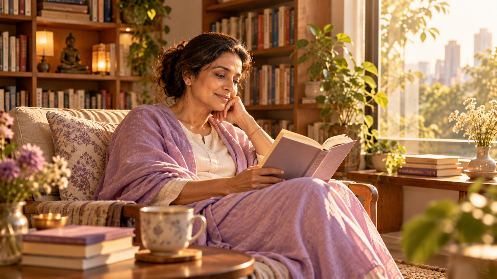 A woman reading peacefully in a quiet library, creating a restorative sanctuary away from everyday noise and stress.