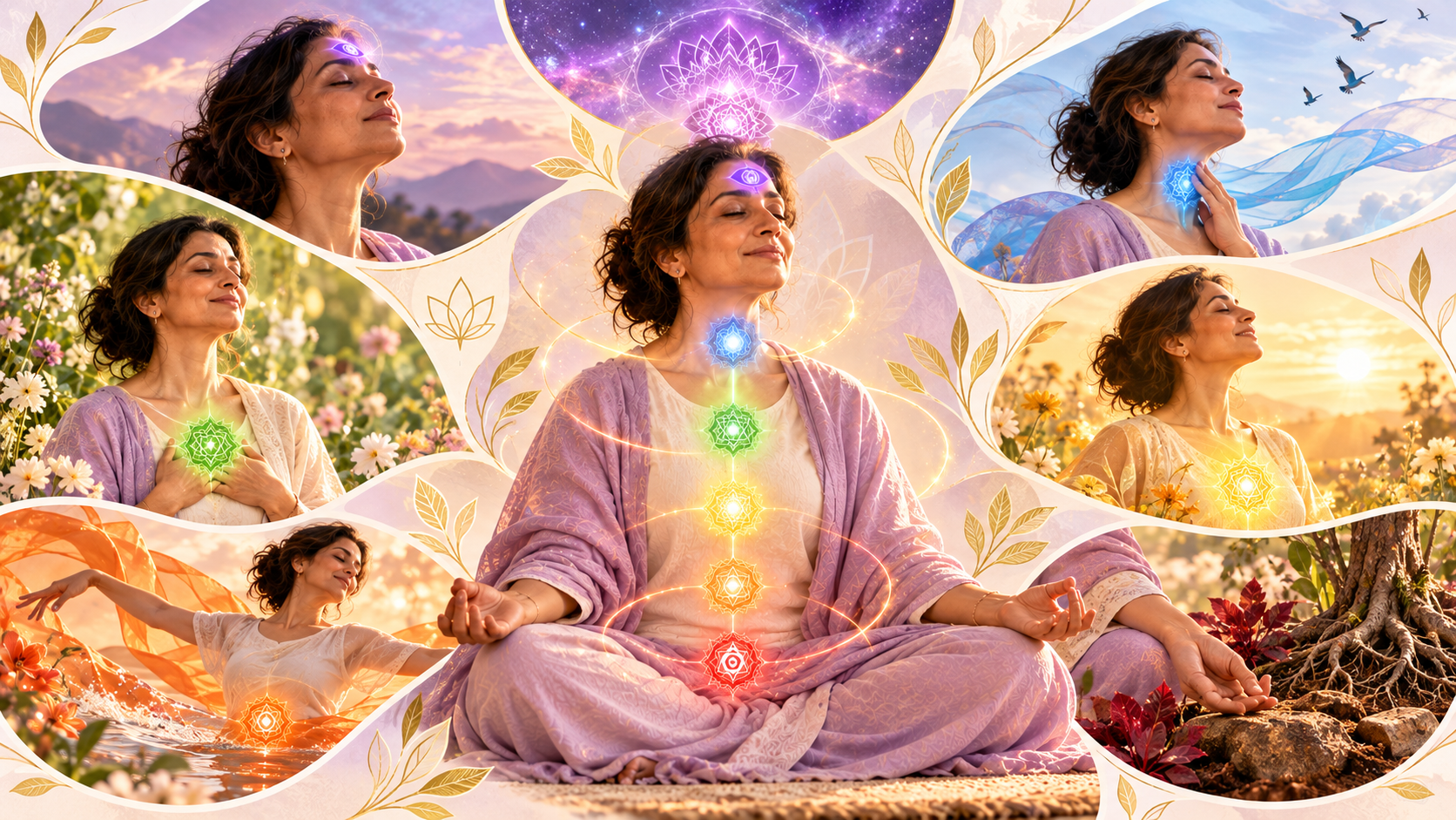 Seven-chakra collage illustrating how emotional irritation may express through different energetic centres of the body.
