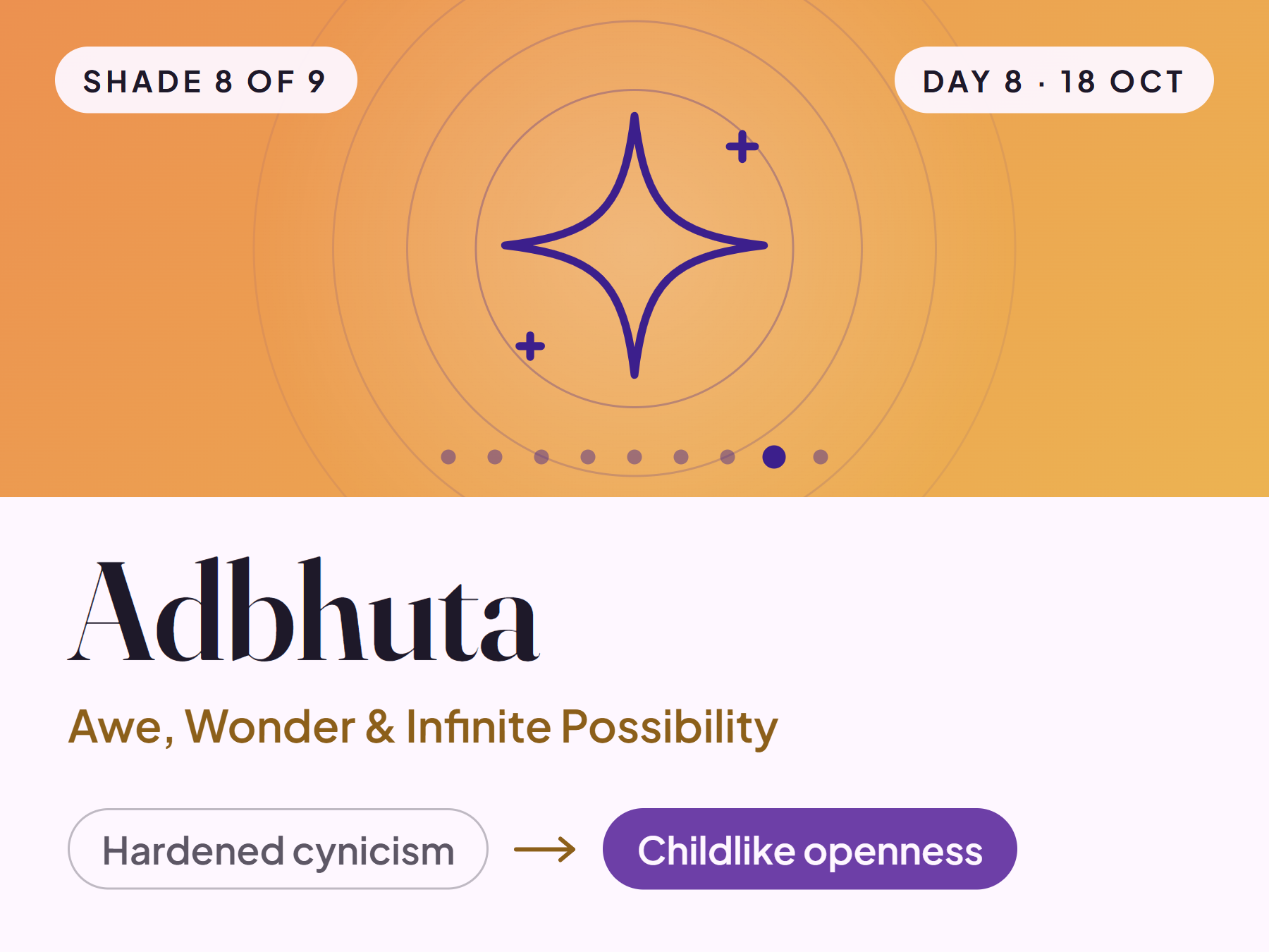 Adbhuta card with a four-point star symbol: from hardened cynicism to childlike openness, shade 8 of 9