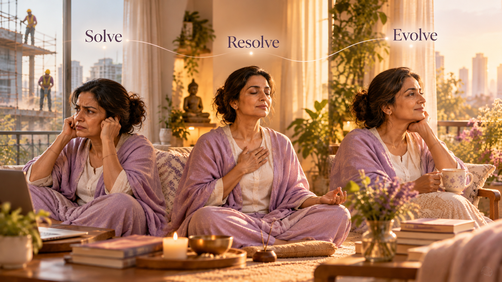 Solve, Resolve and Evolve visual showing the journey from irritation and resistance toward calm awareness and inner serenity.