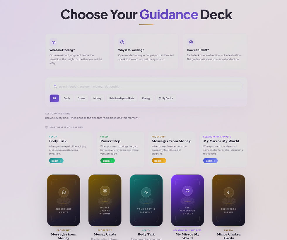 New-style guidance deck webpage with cards, category tabs, search bar, and deck tiles on a soft lavender background.