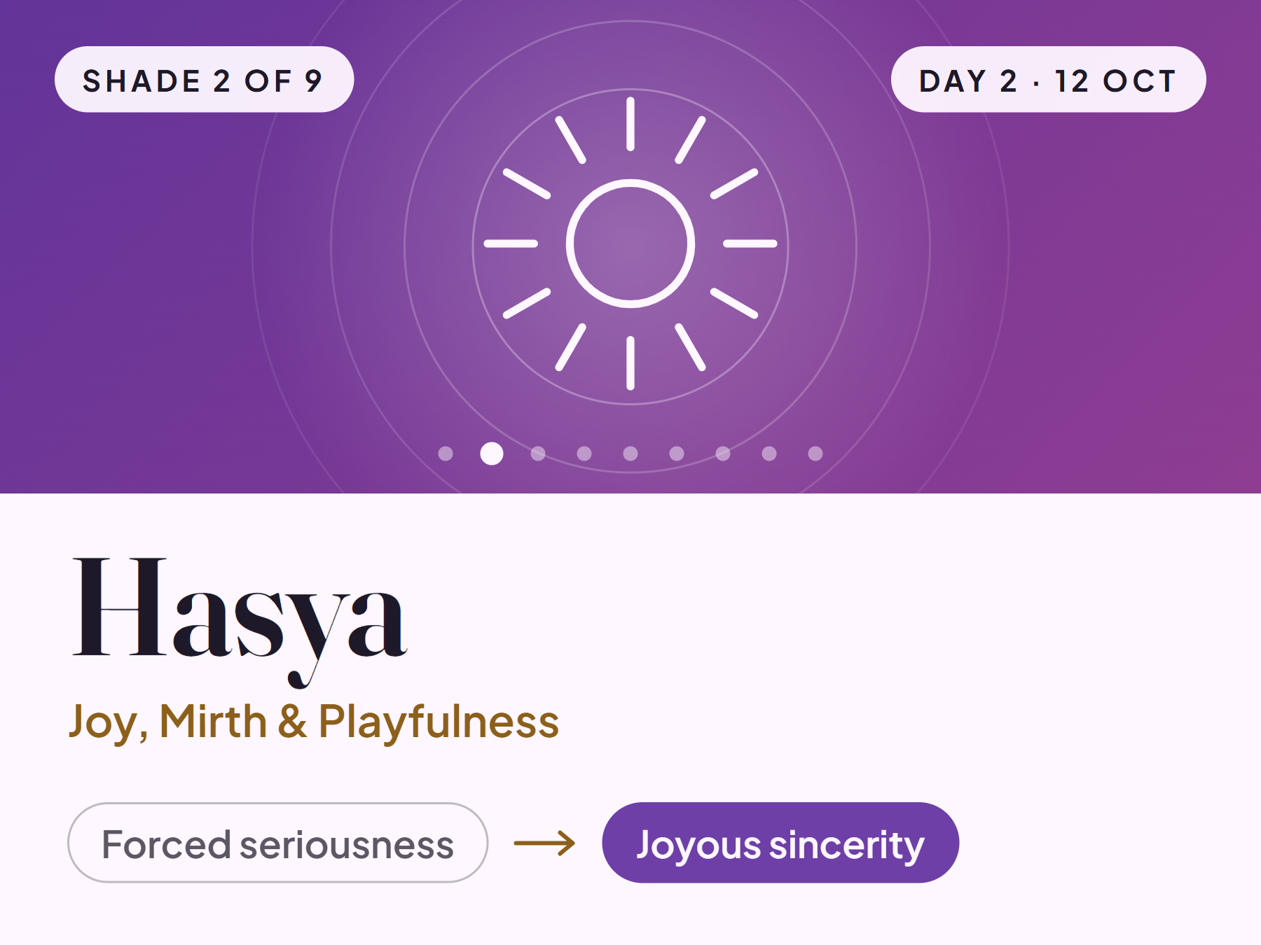 Hasya card with a sun symbol: from forced seriousness to joyous sincerity, shade 2 of 9