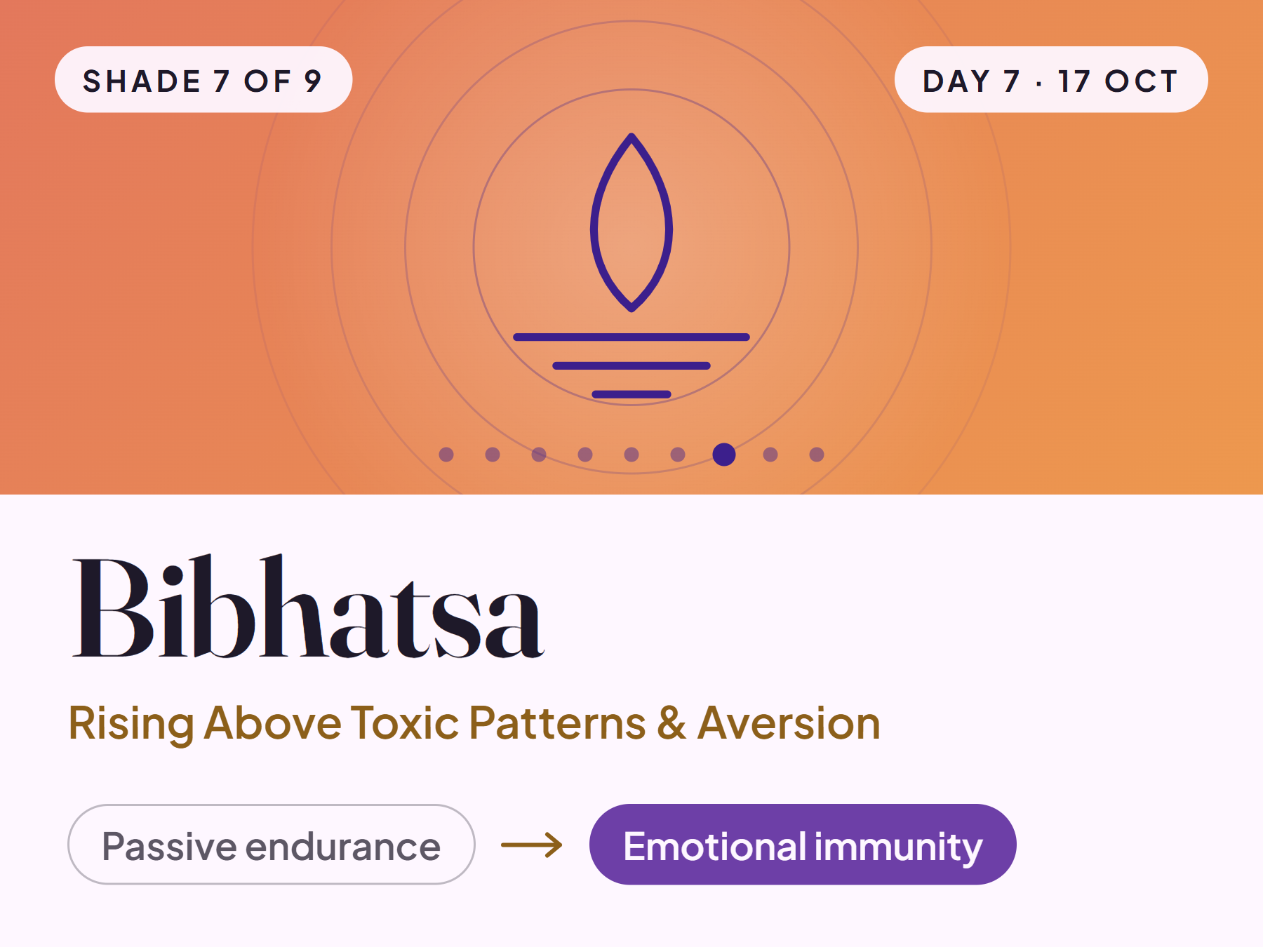 Bibhatsa card with a bud-over-water symbol: from passive endurance to emotional immunity, shade 7 of 9