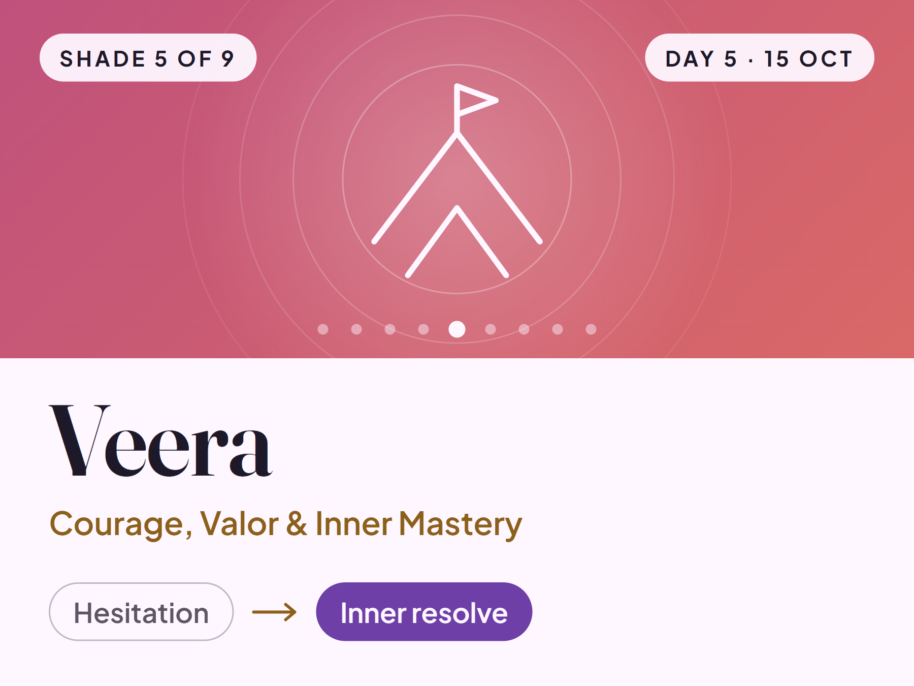 Veera card with a summit and flag symbol: from hesitation to inner resolve, shade 5 of 9