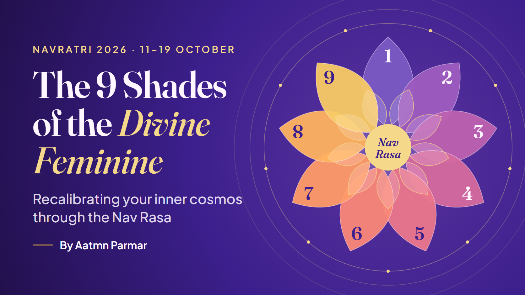 Nine-petal lotus labelled Nav Rasa beside the title The 9 Shades of the Divine Feminine, Navratri 2026