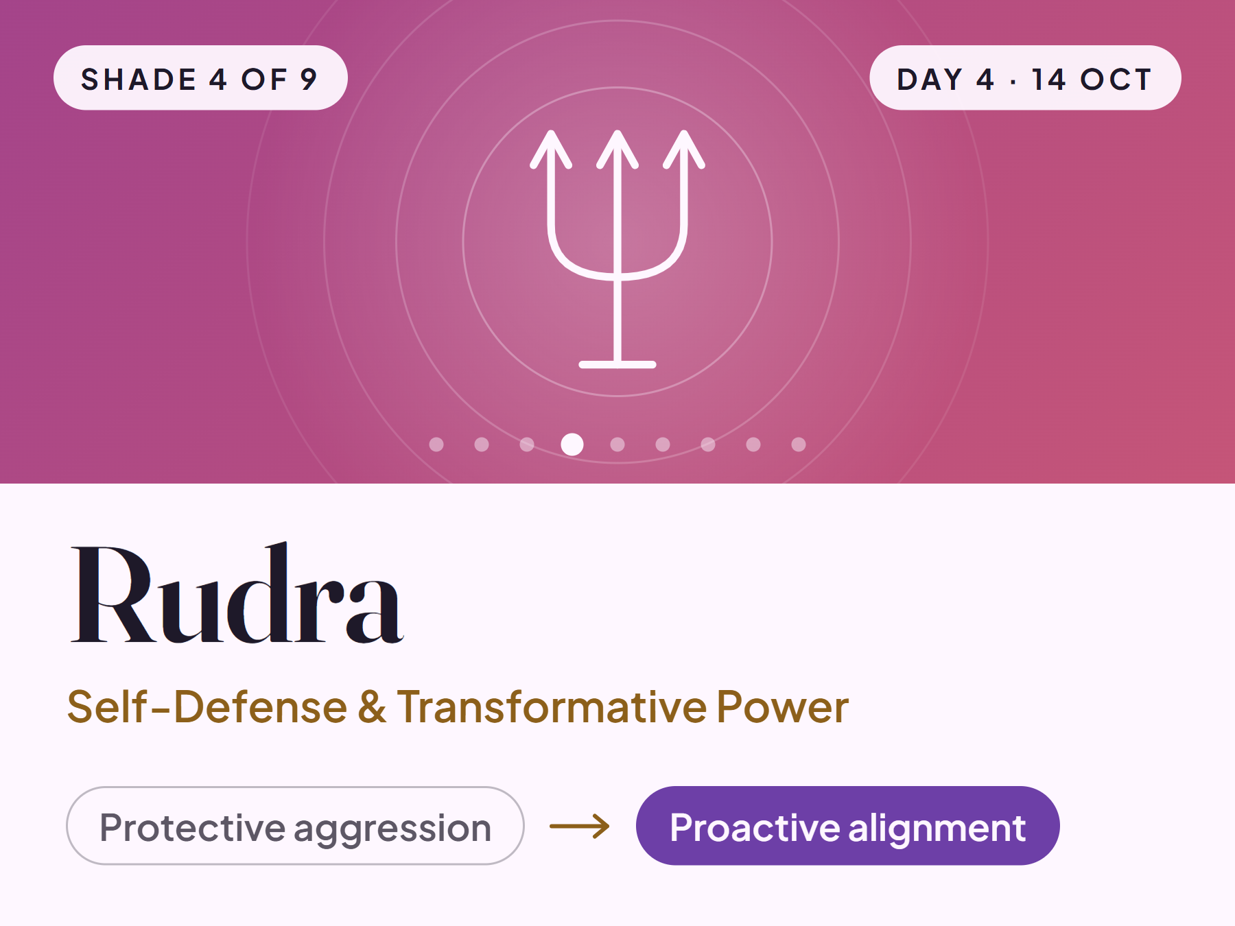 Rudra card with a trident symbol: from protective aggression to proactive alignment, shade 4 of 9