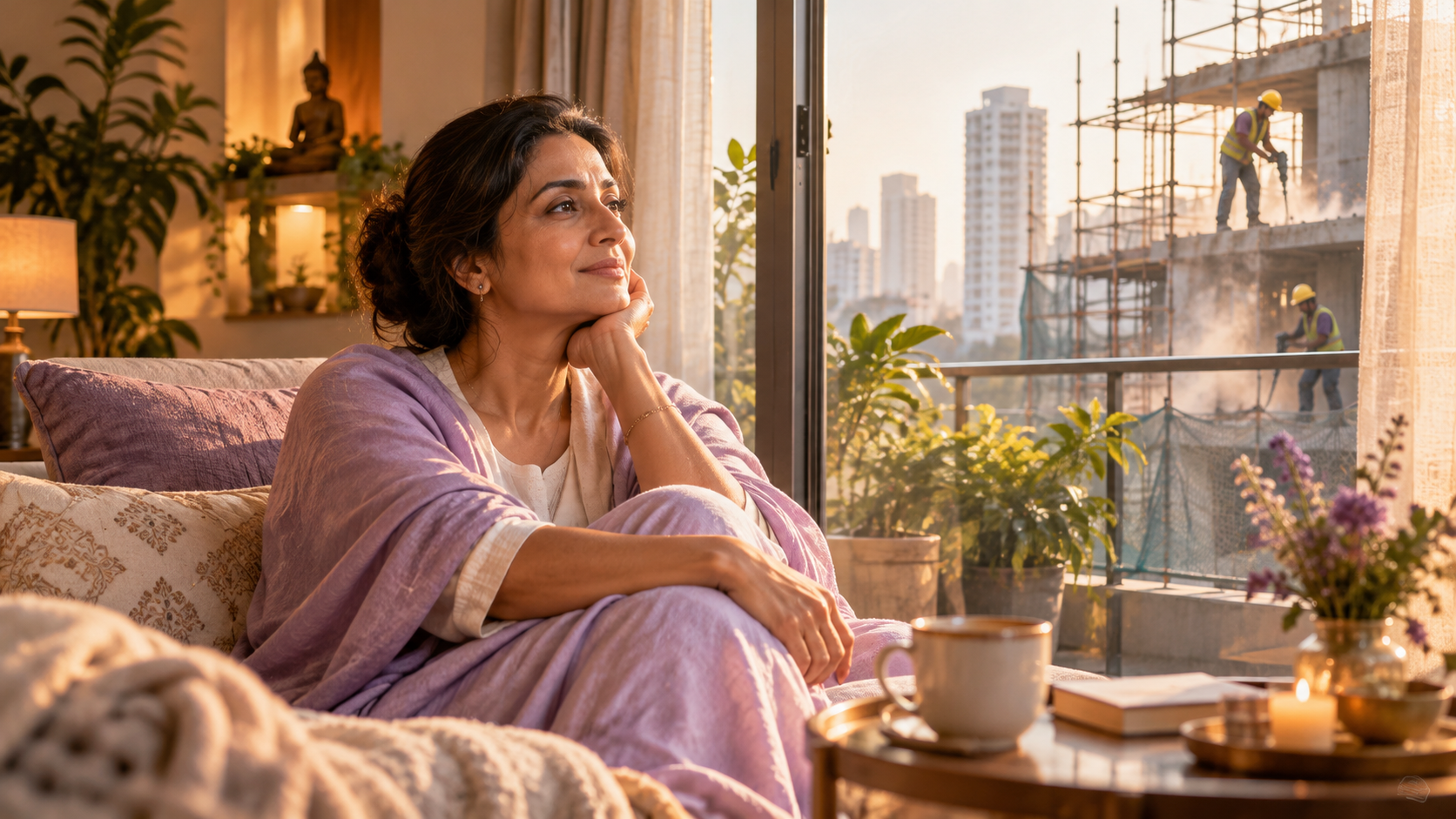 A woman seeking inner calm at home while construction noise and city activity continue outside her window.