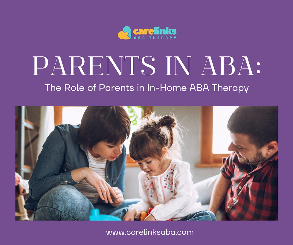 Family playing with toy blocks at home. Purple background with text: "Parents in ABA: The Role of Parents in In-Home ABA Therapy."