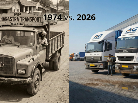 Split image: A 1974 vintage truck labeled "MAHARASTRA TRANSPORT" contrasts with modern 2026 trucks marked "AG TRANSPORT", showing evolution.