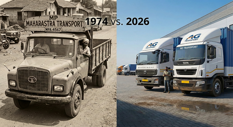 Split image: A 1974 vintage truck labeled "MAHARASTRA TRANSPORT" contrasts with modern 2026 trucks marked "AG TRANSPORT", showing evolution.