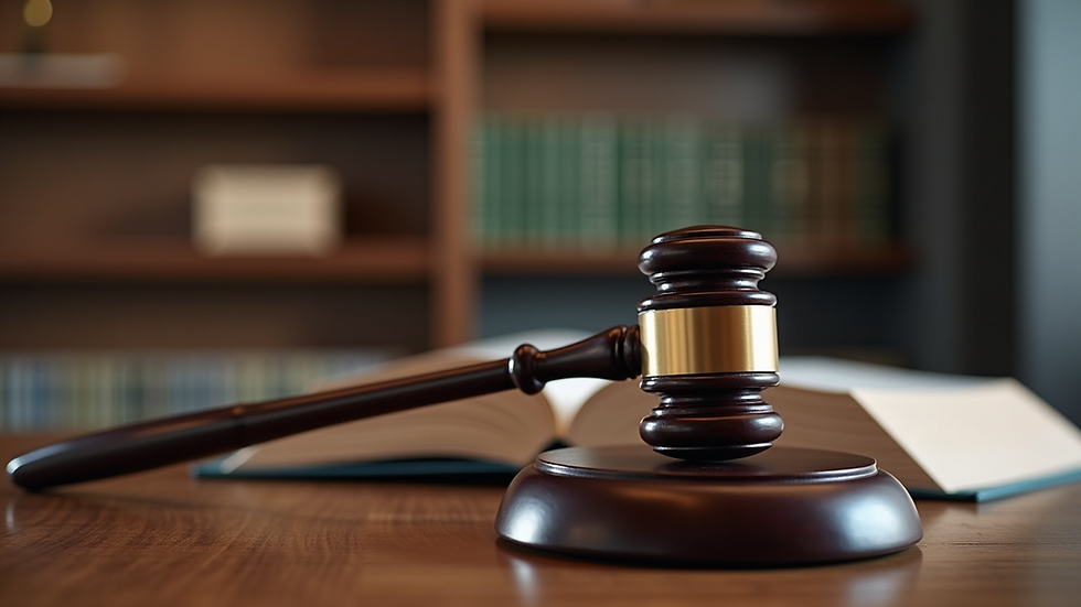Eye-level view of a law office with legal books and a gavel