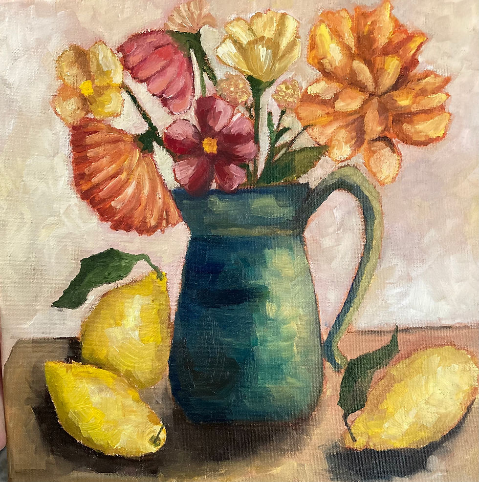 flowers in a blue vase still life 12x12
