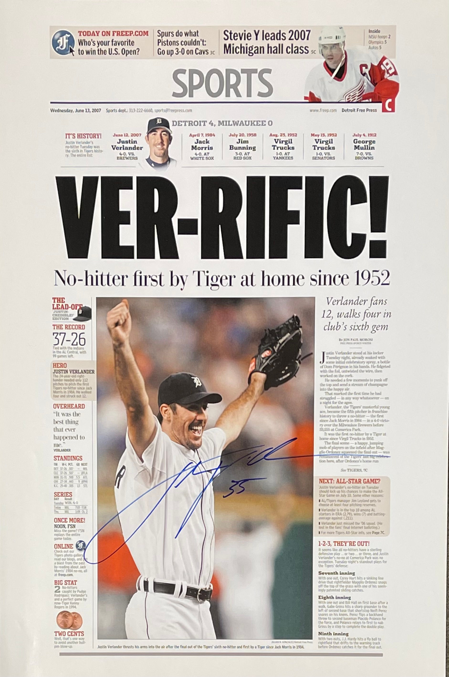 Autographed FREEP "VER-RIFIC" No Hitter Print