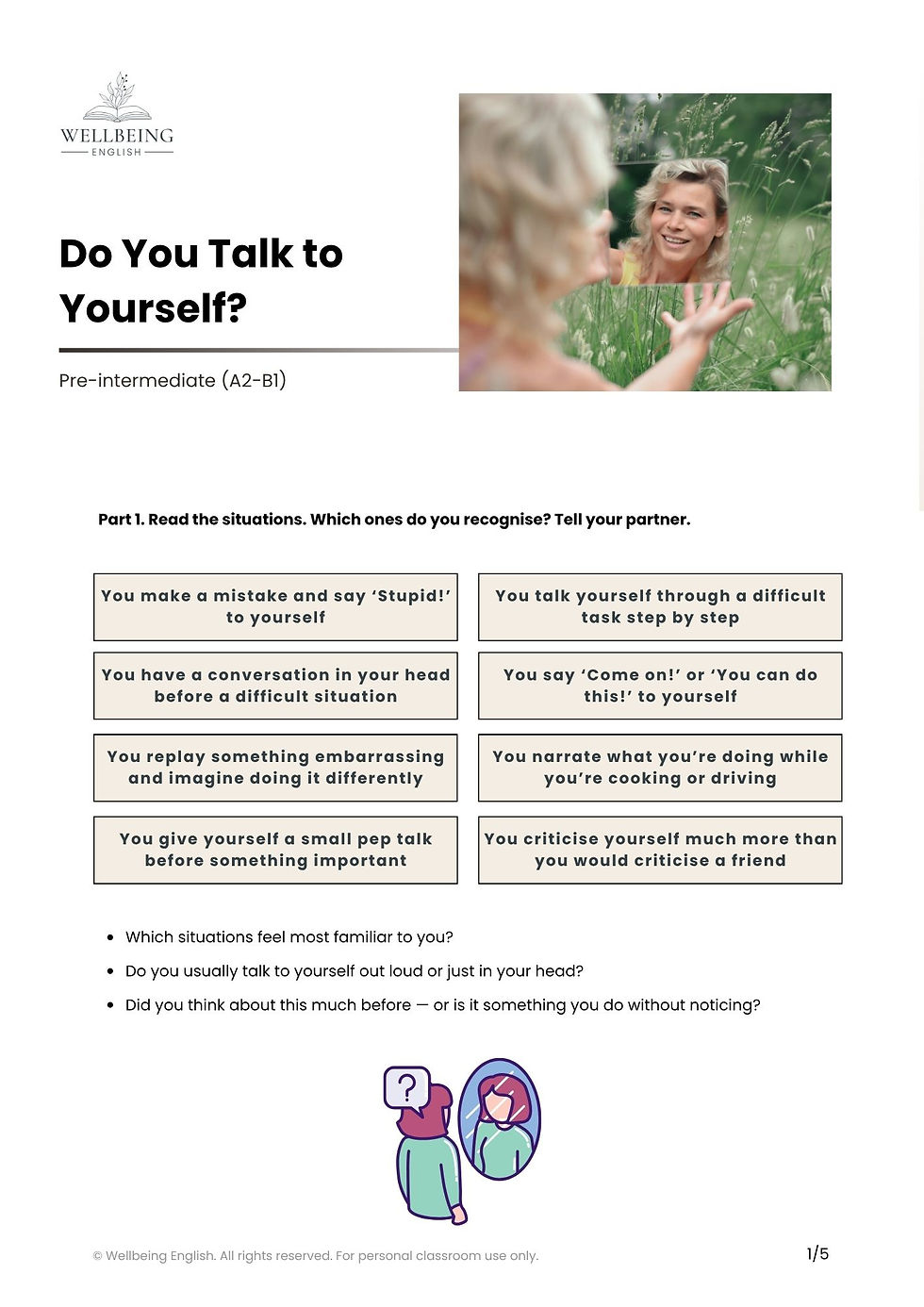 self-talk ESL speaking lesson worksheet preview
