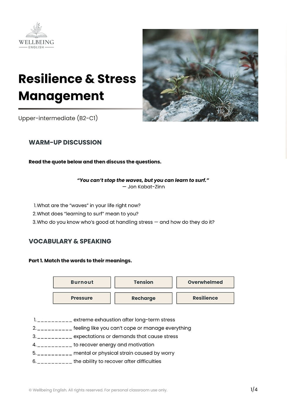 resilience ESL lesson plan worksheet preview