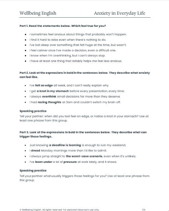 anxiety ESL vocabulary lesson worksheet preview