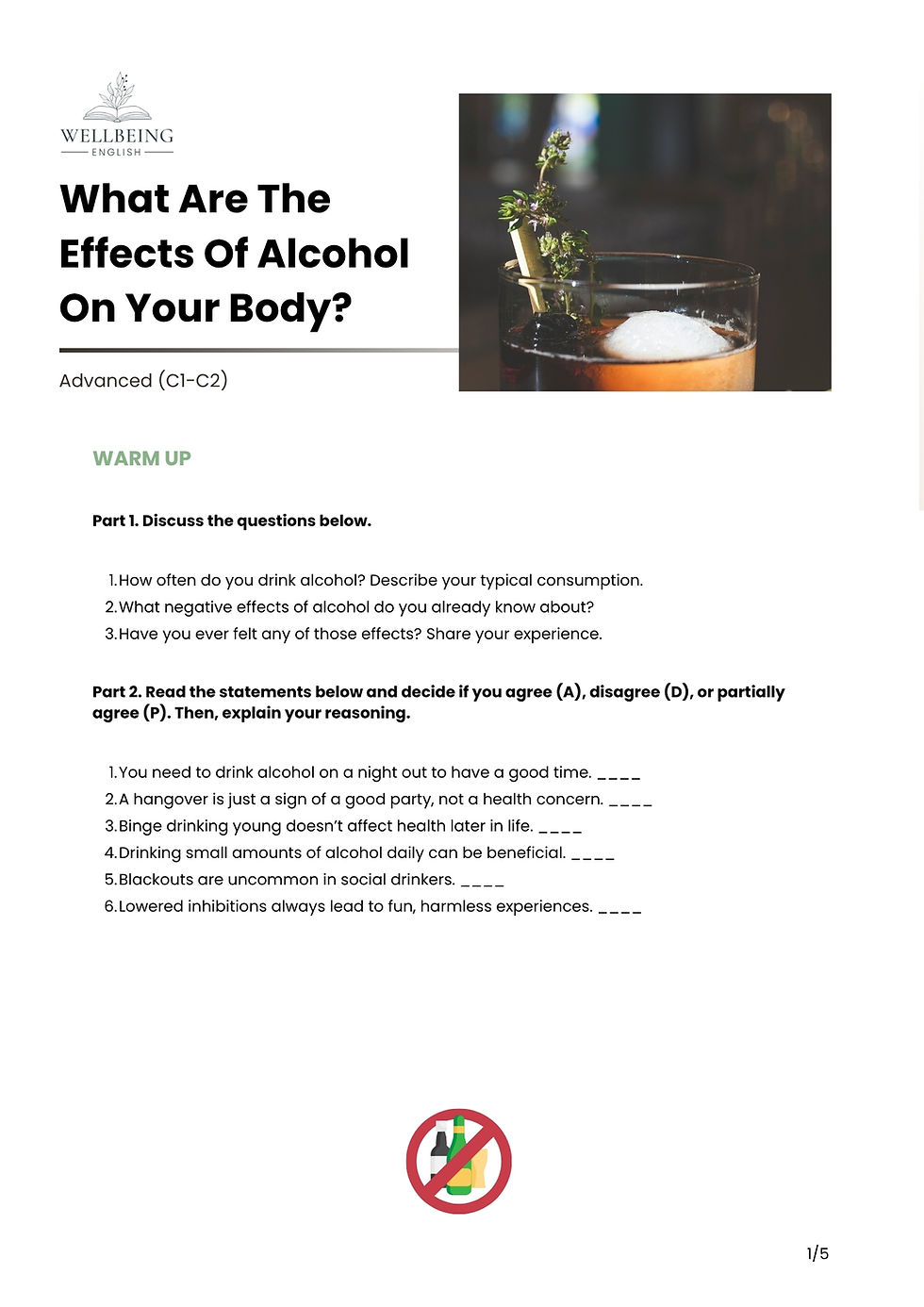 Alcohol ESL lesson plan preview