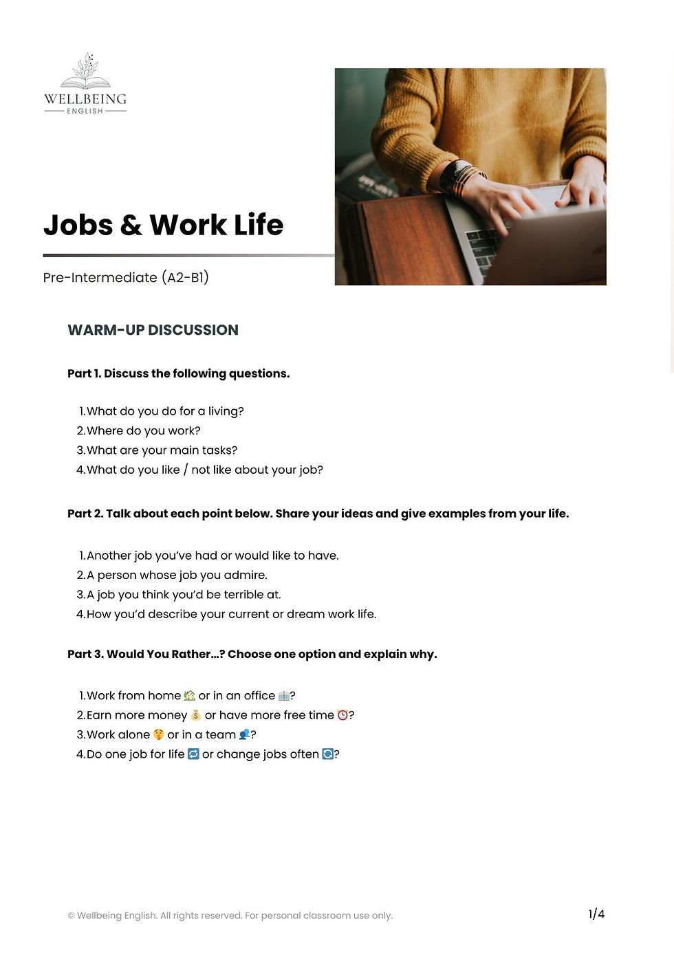 Jobs speaking ESL lesson worksheet preview