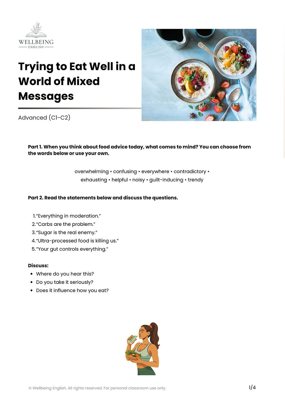 Food advice ESL speaking lesson worksheet preview