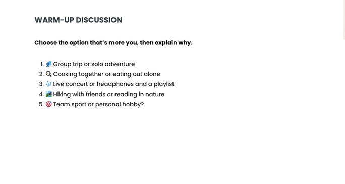 Shared experiences ESL lesson plan preview