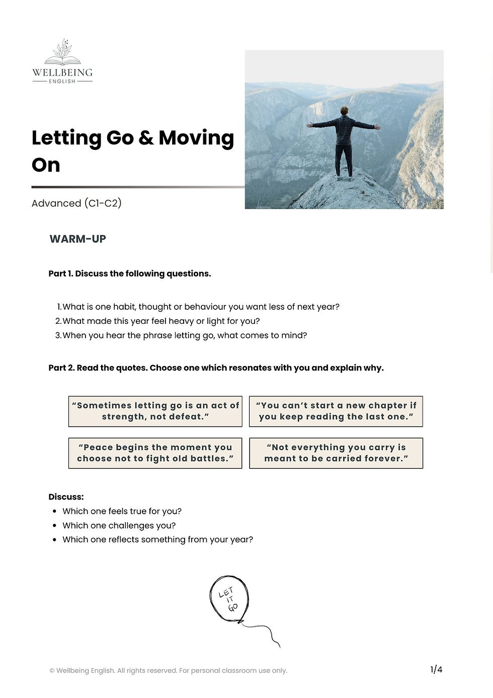 Letting Go ESL Lesson Plan Worksheet Preview