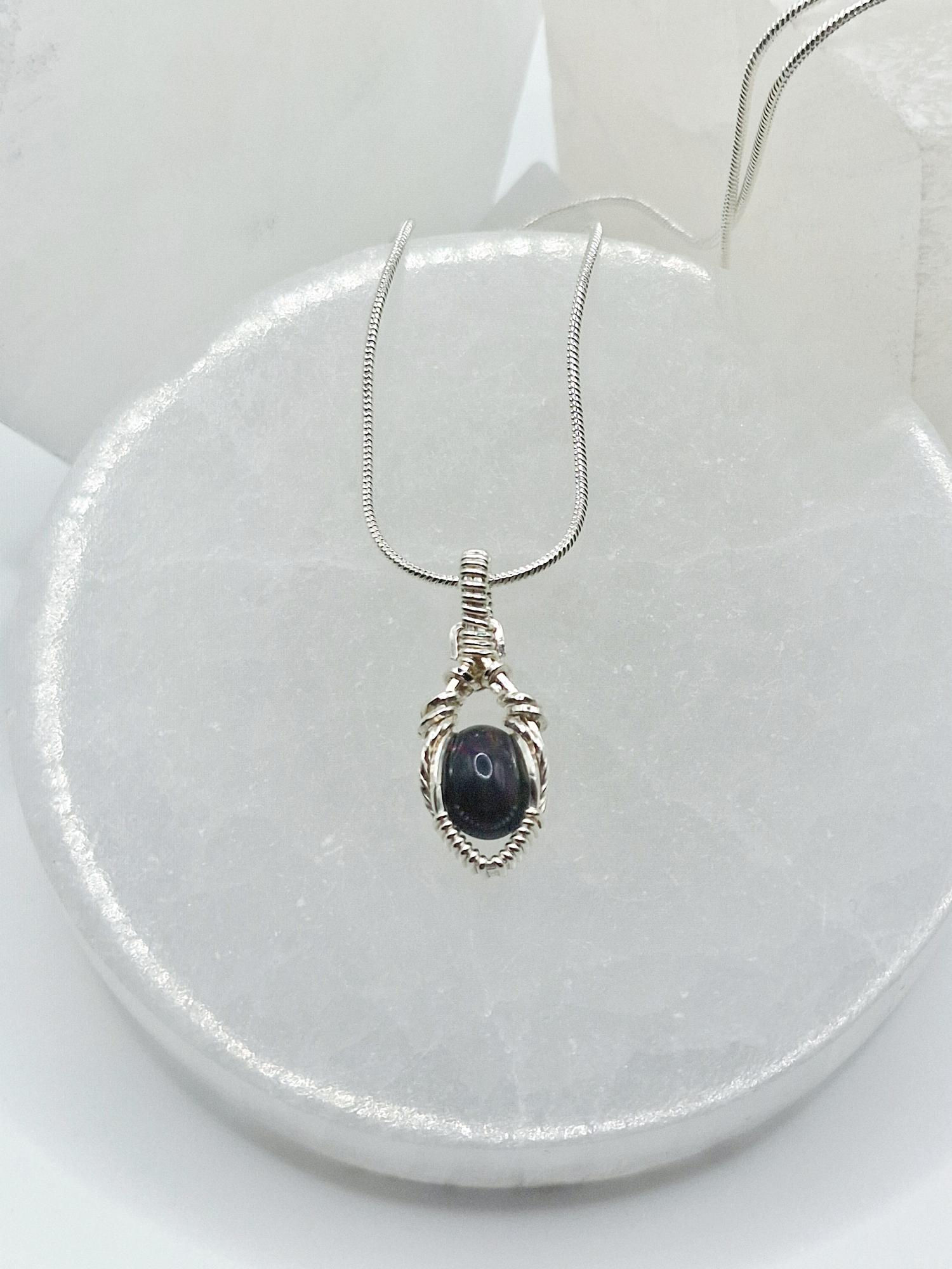 Sterling Silver Mini Wire Wrapped Black Fire Opal Pendant w. 20 Inch Snake Chain