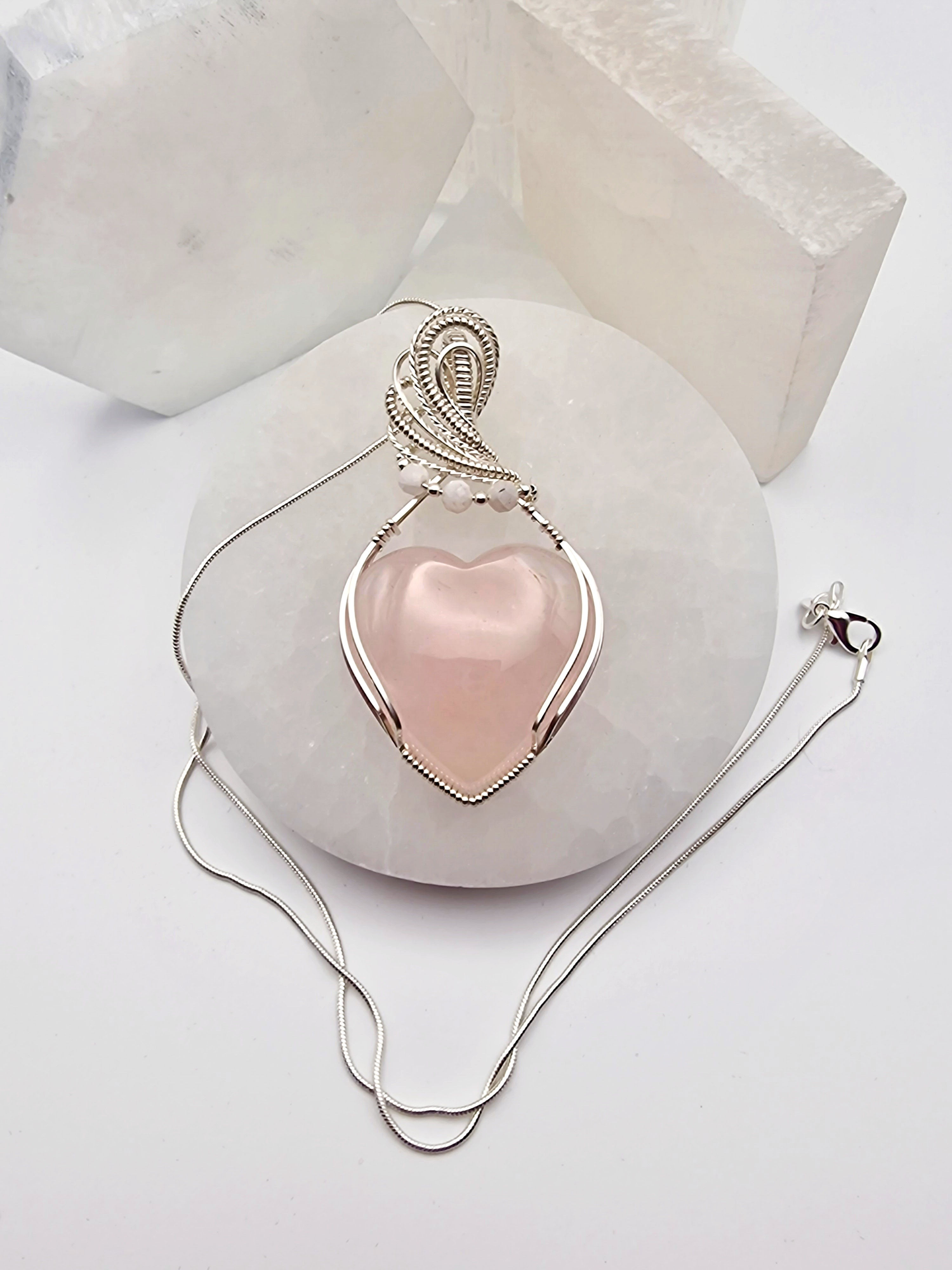Sterling Silver Wire Wrapped Rose Quartz Crystal Necklace