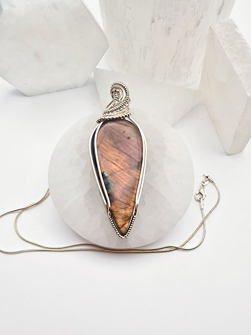 Thumbnail: Sterling Silver Wire Wrapped Labradorite Crystal Necklace