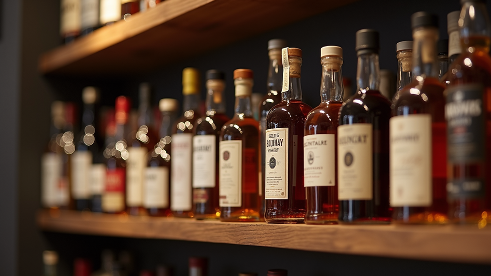 Close-up view of a selection of premium spirits on a wooden shelf