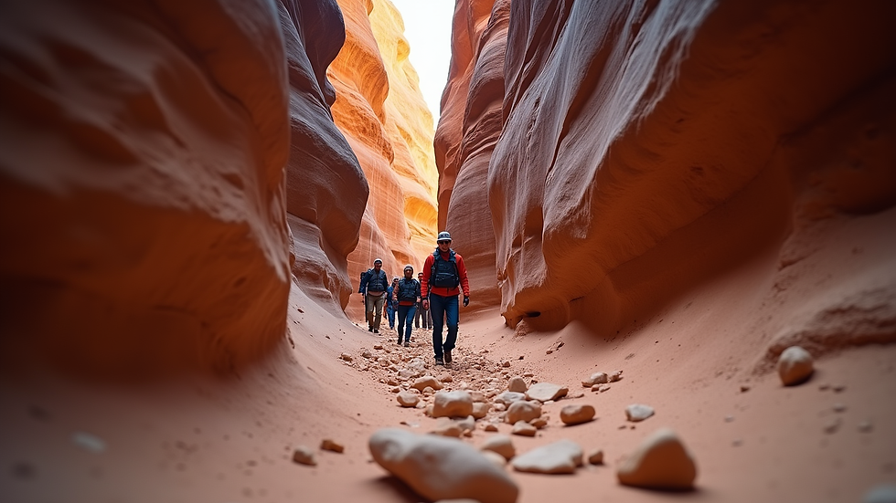 Eye-level view of a guide leading a group through a rocky canyon