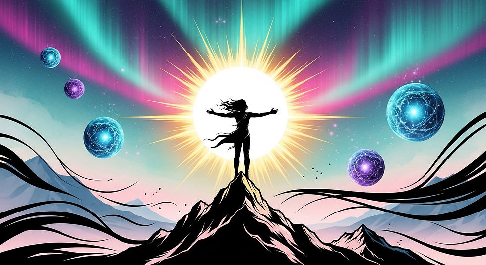 Silhouette of a person on a mountain peak, arms outstretched towards a bright sun. Colorful auroras and glowing spheres surround them.
