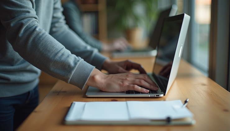 Close-up view of a person stretching at a standing desk with a laptop and notebook