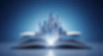 Open book with a city skyline emerging from pages against a blue background, symbolizing knowledge and imagination.